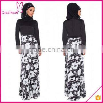 Black and white stylized floral print button cuffed long sleeves elegant muslim women long dress