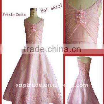 Pink satin slim sleeveless printing formal children party dresses