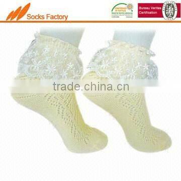 women's cute ankle socks with pointelle pattern with lace on the welt