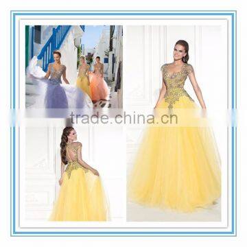 Stunning girls party dress Tulle Applique long yellow prom dress evening dress evening gown (YASA-819)