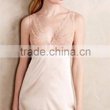 Ladies spaghetti strap V-neck lace details sexy satin nightdresses and pajamas SYA15284