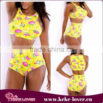 YH7042 Best selling good quality sexy bikini sets women beach wear 2 pieces yellow floral sexy women swimwear