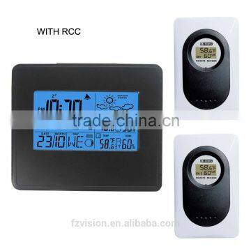 Automatic RCC weather station clock with blue backlight,Thermo-hygrometer Digital Weather Station Clock with 2 Sensors