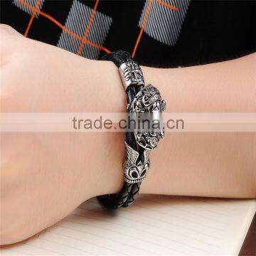 New Trending Skull Style Stainlesss Steel Genuine Leather Bracelet Men photo-5