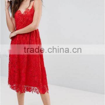 Clothing OEM Shiny Red Lady Women Midi Dresses Prom Lace Dresses