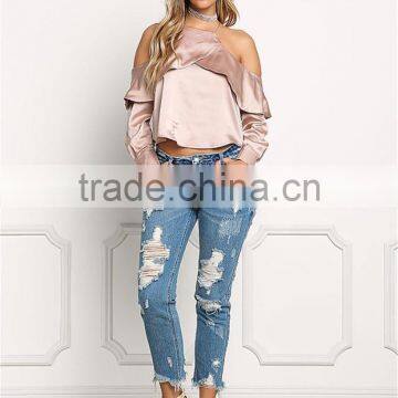 MGOO 2017 Latest Designs Women Satin Blouses Tops Plain Fashion Off Shoulder Crop Custom Ruffles Shirts photo-3