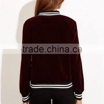 MGOO Women Burgundy Velvet Bomber Jacket With Striped Trim Plain Baseball Jacket Zipper Closure photo-2