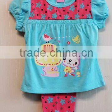 Wholesale Fashion Baby Knitted Pajama Printed Cap Sleeve Top +Long Pan Girls 2 Pcs Set TP-7711