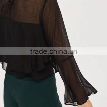 Gorgeous Cropped Flute Crinkle Sleeve Black Semi Sheer Blouse photo-5