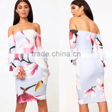 Ruffle Flare Sleeve Digital Floral Print off Shoulder Bodycon Bardot Dress photo-5