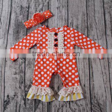 2016 white dots and orange underpainting print soft baby cotton lace romper