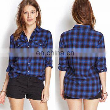 Clothing Supplier Women Check Button Down Cotton Blouse