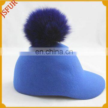 Royal blue With Match Colour Fox Fur Ball Luxury Visor Cap