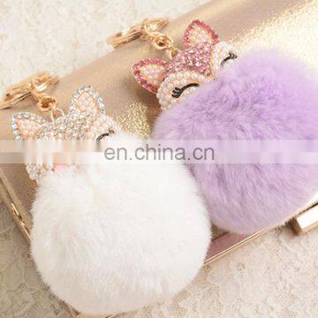Diamond Animal With 8cm Real Rabbit Fur Pompom Keyring Key Chain photo-5