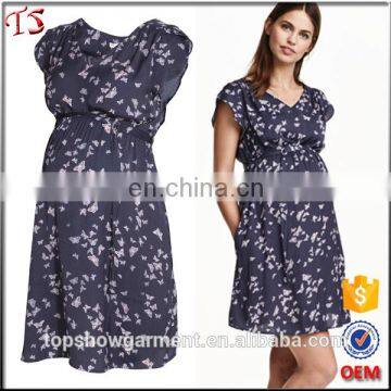 New fashion frilled sleeve short dark blue butterfly print womans dress