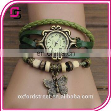 Ms Retro Hand-woven Imitation Leather Bracelet Watch Fashion and Colorful Butterfly Pendant Quartz Watch photo-3