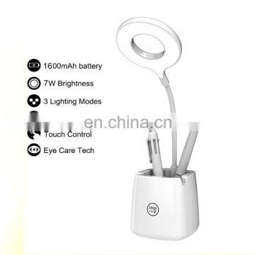 Stepless Dimming LED Desk Lamp Rechargeable Table Lamp Study Touch Flexible Gooseneck Lamp with Pen Holder and phone stand