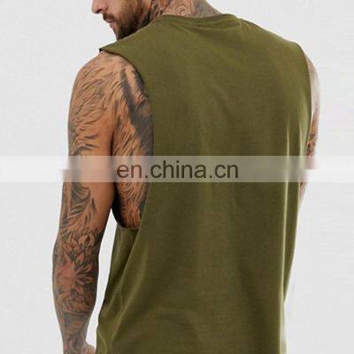 2021 High Quality Cut Off Shirt Curved Hem Tank Top Men Olive 95% Cotton 5% Elastane Deep Cut Muscle Tee photo-4