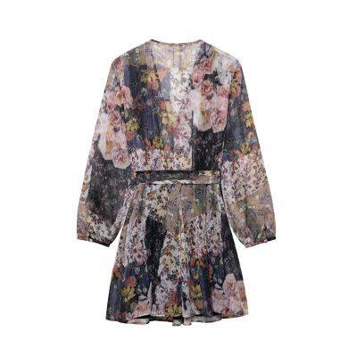 2025 new spring/summer mini dress with belt and floral print