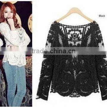 Instyles new clothes tops loose perspective sexy Engraving flower long sleeve lace blouse best clothing Clothing