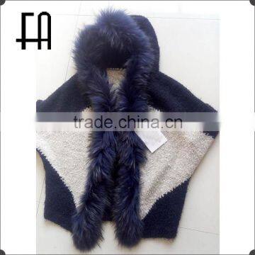 Factory direct wholesale price wool knit poncho with raccoon fur trim