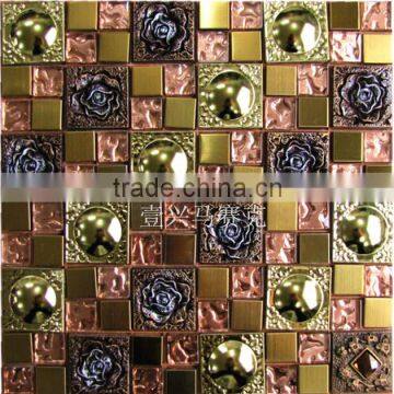 3D effect rose interior decoration material metal mosaic mix glass mosaic,resin mosaic tiles for background decore