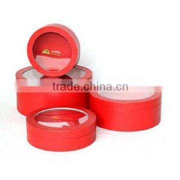 2012 fashion red round paper gift box with clear pvc window, round gift boxes manufacture