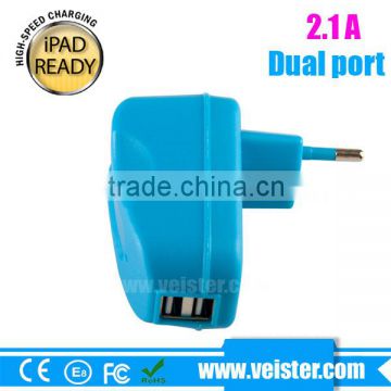 colorful 5V2.1A EU dual usb wall charger for iphone/ipad