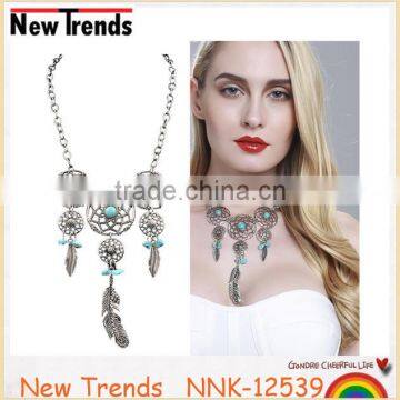 Best selling vintage style turquoise alloy feather necklace for women