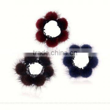 Real Natural Mink Fur Elastic Hair Band for Fashion Girls From Korean Style With Lace