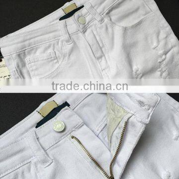 2016 Summer Pockets Zipper Closure Vogue High Waist Denim Pants Ladies White Full Length Destroyed Damaged Fashion Jeans Women photo-4