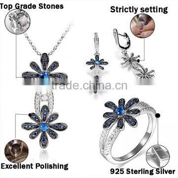 925 Sterling Silver Blue Saphire Daisy Flower Jewelry Set With Pendant Ring and Ear Studs photo-2