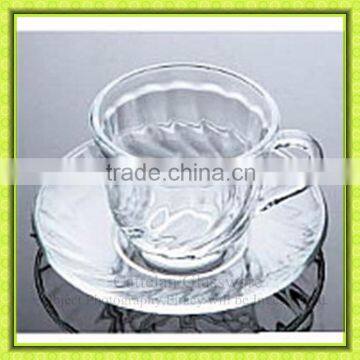 Eco-friendly screw thread glass coffee cup and saucer,glass tea mug with handle,tableware