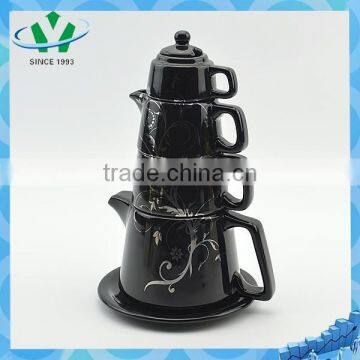 Elegant Black Flower Pattern Ceramic Tea Pot