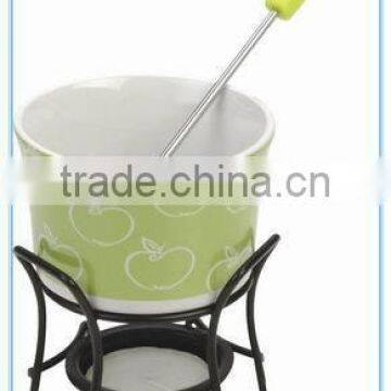 Ceramic Cheese Fondue Set With Stand With Green Color Cheese Press photo-5