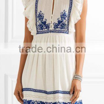 Boho Crochet-trimmed Computerized Machine Embroidery Cotton-gauze Mini Dress Western Dresses Names HSd5260 photo-4