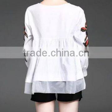 2017 Summer Newest Fashion Round Neck Long Sleeve Blouse With Patch on Sleeve photo-3