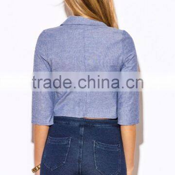 Hot Sale Blue Chambray Open Blazer for Women 2016 photo-5