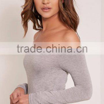 Women Underwear Plain Off Shoulder Sexy Tight Silm Fitness Basic Grey Round Neck Bodysuit photo-4