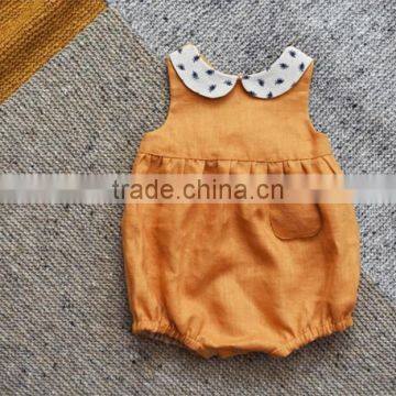 Lastest Baby Clothing Design Baby Girl Plain Mustard Linen Bodysuit With White Peter Pan Collar Girls Romper Wholesale