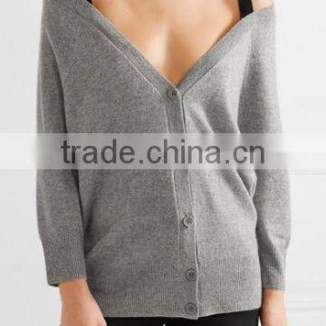 Custom Made Women Gray and Black Cashmere Off-Shoulder Cardigan With Black Shoulder Straps photo-2