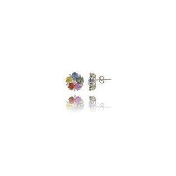 Handmade nice-looking flower-shaped gemstone silver studs earrings with colorful cz stones