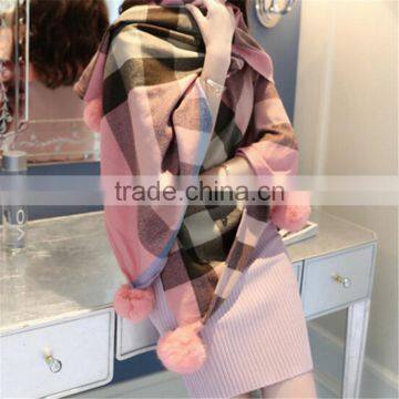 Classic Jacquard Cashmere Checked Plaid Acrylic Long Pompom Plush Ball Scarf photo-4