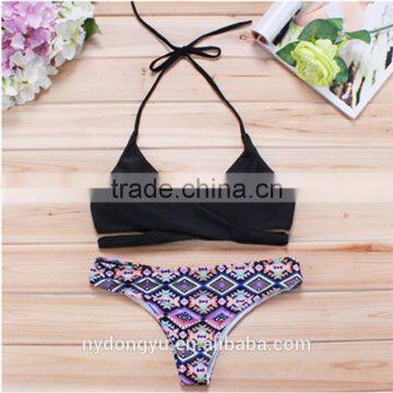 black contrast halter printed swimwear bikini/hr fancy bikini swimwear/ fancy bikini set swimwear beachwear