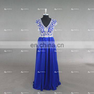 Factory Custom Made V Neck Cap Sleeve Luxury Beading Royal Blue Evening Gown Long