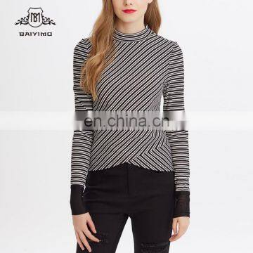 2017 Fashion Designs High Quality Long Sleeve Stripe Bottoming Slim Fit Women T-Shirts