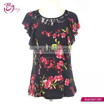 One piece two color Floral Lurex Mesh Print Irregular sleeve casual blouse for middle age woman