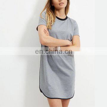 Latest Grey Contrast Trim T-Shirt Dress Short Sleeve Fashion Women Long T-shirt