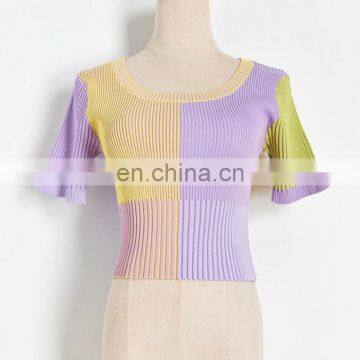 TWOTWINSTYLE Casual Patchwork Women Sweater O Neck Short Sleeve Tunic Short Hit Color photo-2