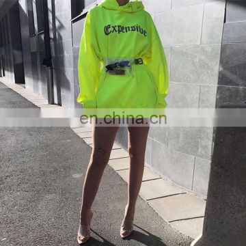 Wholesale women fashion reflective lime color long sleeve with words print sweatshirt hoodie dress